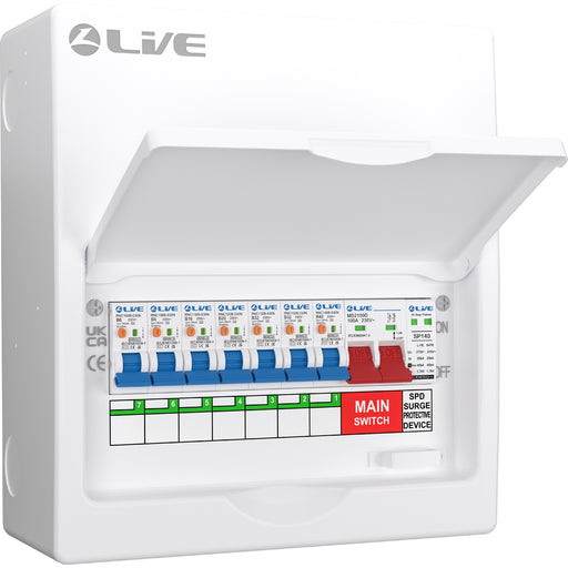 LIVE Electrical LSMC10SRN/100 10 Way Metal Populated SRN Consumer Unit with 100A Main Switch, 20/40kA SPD & 7 RNC DP RCBOs - westbasedirect.com