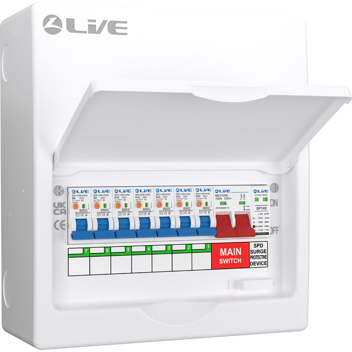LIVE Electrical LSMC10SRN/100 10 Way Metal Populated SRN Consumer Unit with 100A Main Switch, 20/40kA SPD & 7 RNC DP RCBOs - westbasedirect.com