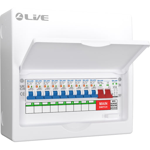 LIVE Electrical LSMC12SRN/100 12 Way Metal Populated SRN Consumer Unit with 100A Main Switch, 20/40kA SPD & 9 RNC DP RCBOs - westbasedirect.com