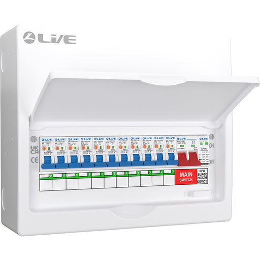 LIVE Electrical LSMC14SRN/100 14 Way Metal Populated SRN Consumer Unit with 100A Main Switch, 20/40kA SPD & 11 RNC DP RCBOs - westbasedirect.com