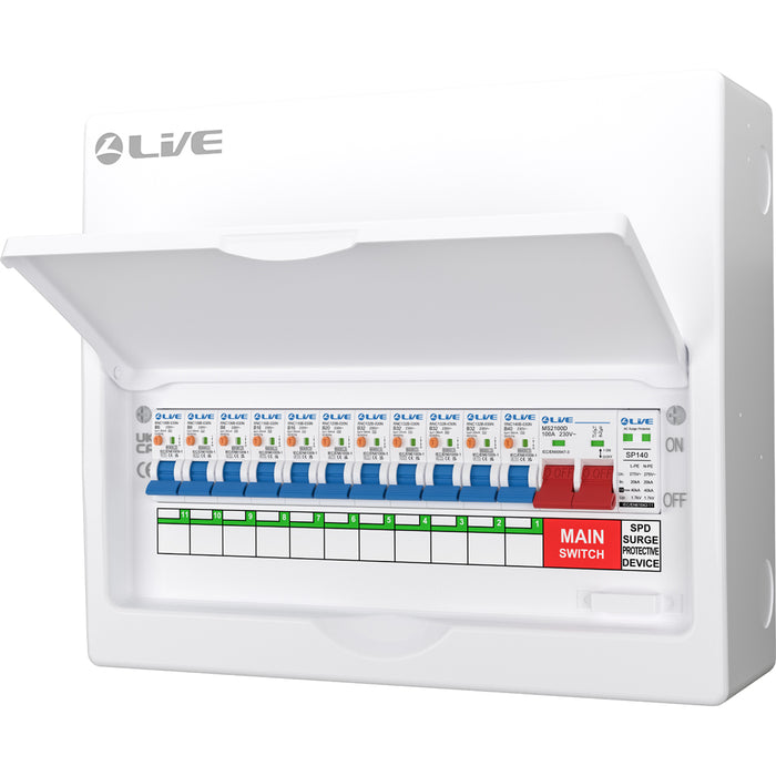 LIVE Electrical LSMC14SRN/100 14 Way Metal Populated SRN Consumer Unit with 100A Main Switch, 20/40kA SPD & 11 RNC DP RCBOs - westbasedirect.com