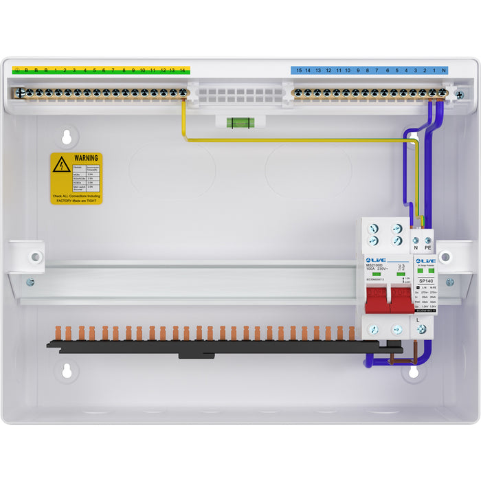 LIVE Electrical LSMC16S-SP 16 Module Metal Clad Consumer Unit c/w 100A Main Switch +20/40kA SPD (13 Usable Way)