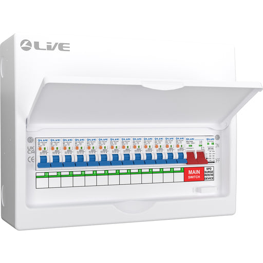LIVE Electrical LSMC16SRN/100 16 Way Metal Populated SRN Consumer Unit with 100A Main Switch, 20/40kA SPD & 13 RNC DP RCBOs - westbasedirect.com