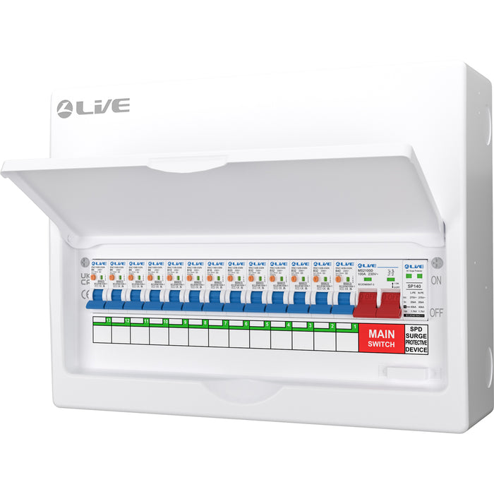 LIVE Electrical LSMC16SRN/100 16 Way Metal Populated SRN Consumer Unit with 100A Main Switch, 20/40kA SPD & 13 RNC DP RCBOs - westbasedirect.com
