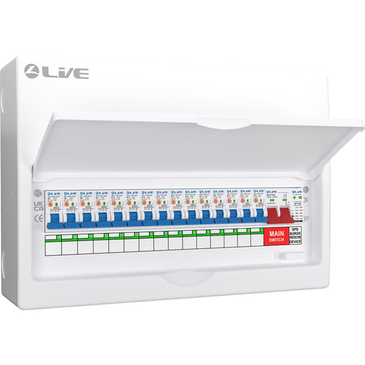 LIVE Electrical LSMC18SRN/100 18 Way Metal Populated SRN Consumer Unit with 100A Main Switch, 20/40kA SPD & 15 RNC DP RCBOs - westbasedirect.com