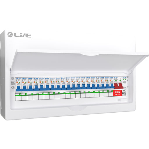 LIVE Electrical LSMC22SRN/100 22 Way Metal Populated SRN Consumer Unit with 100A Main Switch, 20/40kA SPD & 19 RNC DP RCBOs - westbasedirect.com
