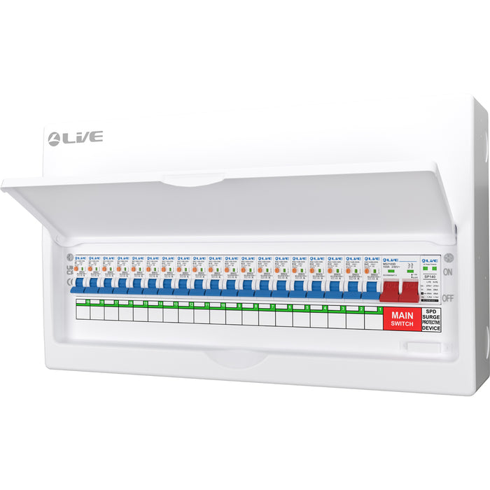 LIVE Electrical LSMC22SRN/100 22 Way Metal Populated SRN Consumer Unit with 100A Main Switch, 20/40kA SPD & 19 RNC DP RCBOs - westbasedirect.com