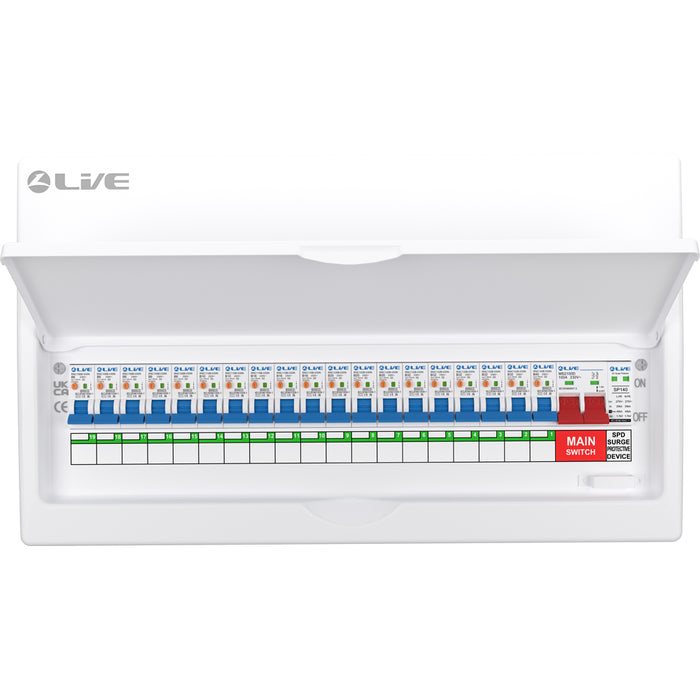LIVE Electrical LSMC22SRN/100 22 Way Metal Populated SRN Consumer Unit with 100A Main Switch, 20/40kA SPD & 19 RNC DP RCBOs - westbasedirect.com
