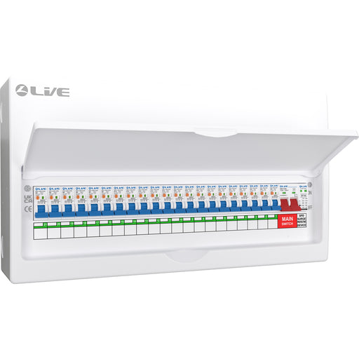 LIVE Electrical LSMC24SRN/125 24 Way Metal Populated SRN Consumer Unit with 125A Main Switch, 20/40kA SPD & 21 RNC DP RCBOs - westbasedirect.com