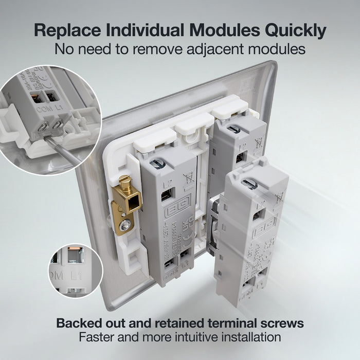 BG GridLite MBS12EL 20A 16AX SP 2-Way Key Switch Module "EMG LTG TEST" - Brushed Steel