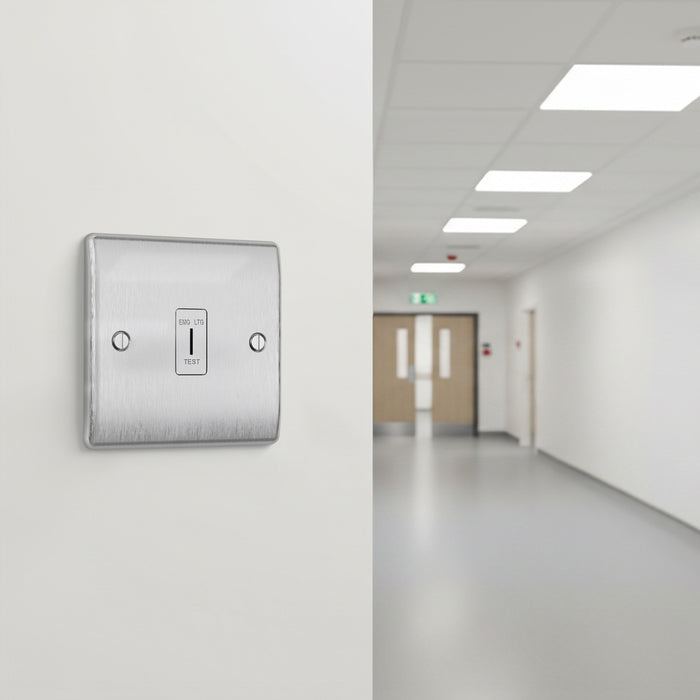 BG GridLite MBS12EL 20A 16AX SP 2-Way Key Switch Module "EMG LTG TEST" - Brushed Steel