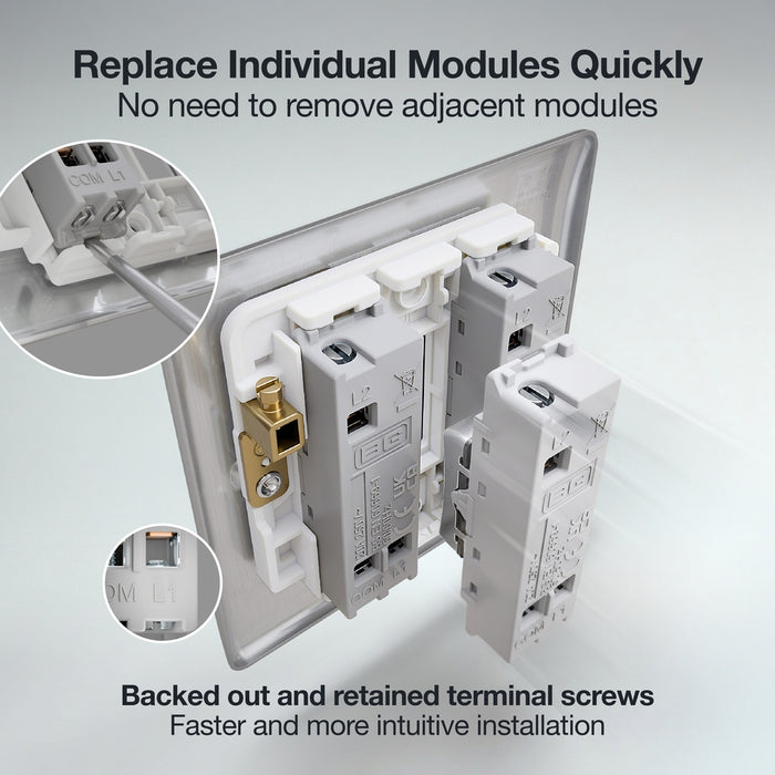 BG GridLite MBS142C 20A SP 2-Way Retractive (Centre Off) Switch Module - Brushed Steel