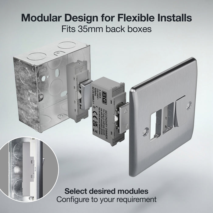 BG GridLite MBSTDS 100W Secondary Touch LED Dimmer Module - Brushed Steel
