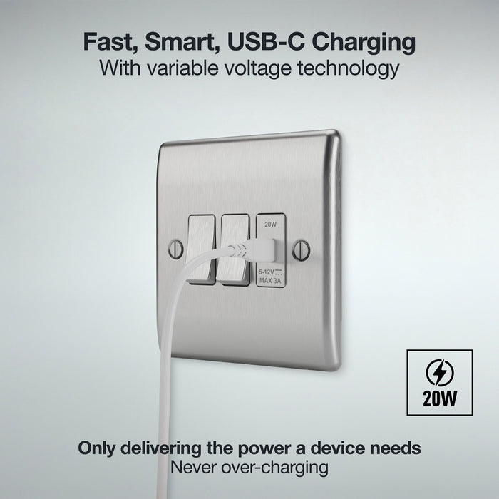 BG GridLite MBSUSBC20G 20W USB-C Module - Brushed Steel