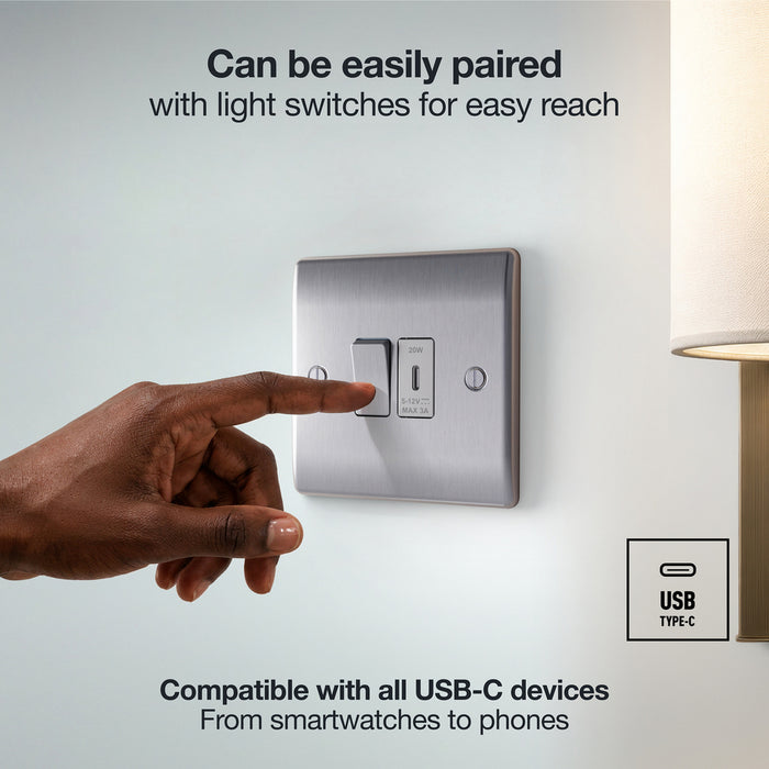 BG GridLite MBSUSBC20G 20W USB-C Module - Brushed Steel