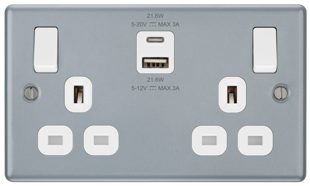 BG MC522UAC22 Metal Clad 13A Double Switched Power Socket + USB A+C (22W) - westbasedirect.com