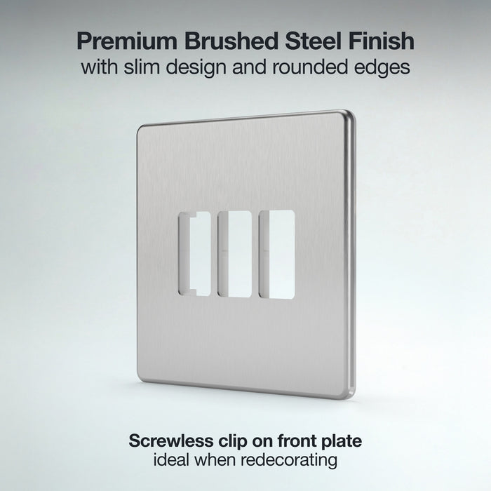 BG GridLite MFBS3 Flatplate Screwless 3G Grid Front Plate - Brushed Steel