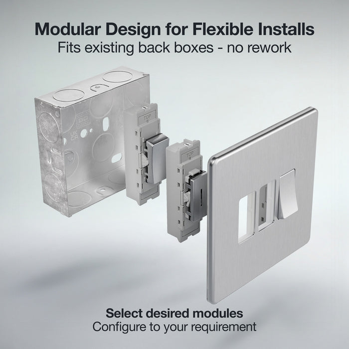 BG GridLite MFBS3 Flatplate Screwless 3G Grid Front Plate - Brushed Steel