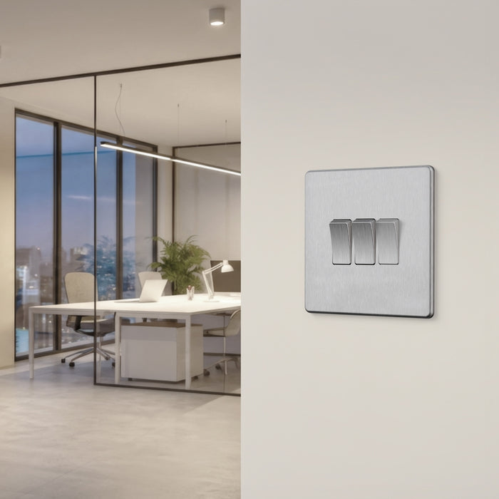 BG GridLite MFBS3 Flatplate Screwless 3G Grid Front Plate - Brushed Steel