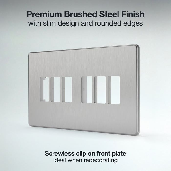BG GridLite MFBS6 Flatplate Screwless 6G Grid Front Plate - Brushed Steel