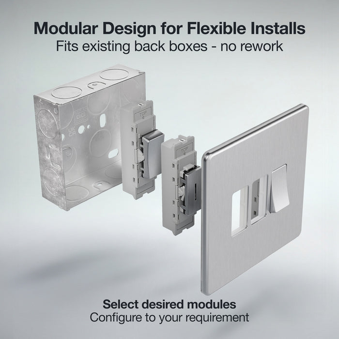 BG GridLite MFBS6 Flatplate Screwless 6G Grid Front Plate - Brushed Steel