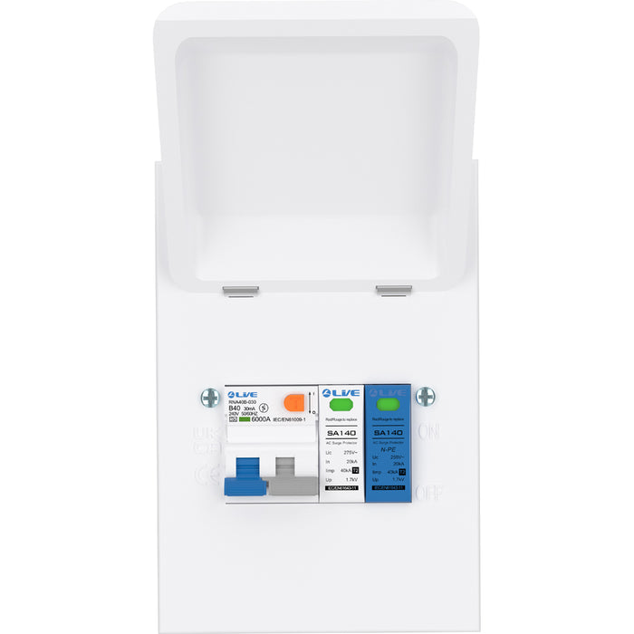 LIVE Electrical MGU40B-SP 4 Way IP40 Metal EV Charging Unit with 40A Type A DP RCBO B Curve & 20/40kA 1P+N Surge Protective Device