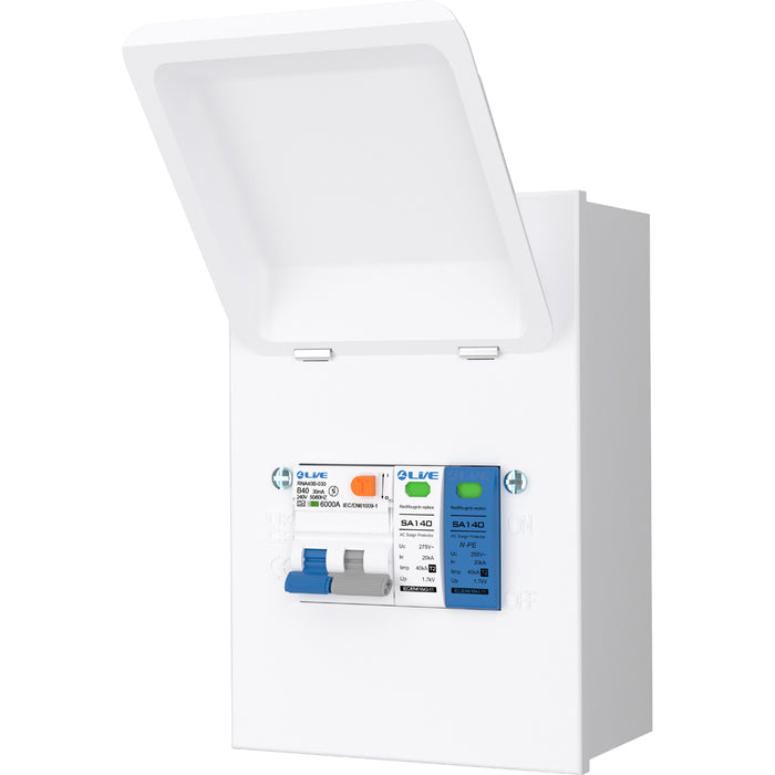 LIVE Electrical MGU40B-SP 4 Way IP40 Metal EV Charging Unit with 40A Type A DP RCBO B Curve & 20/40kA 1P+N Surge Protective Device