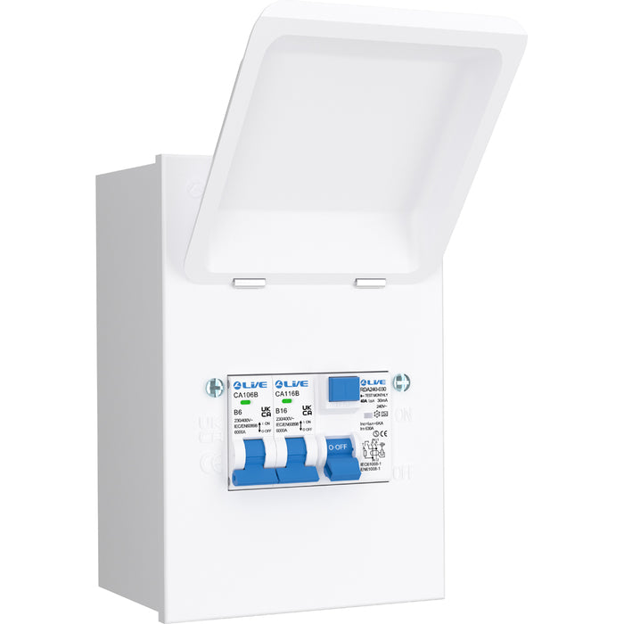 LIVE Electrical MMGU40616 4 Way IP40 Metal Mini Garage Unit with 40A 30mA Type A RCD, B6A/B16A MCB