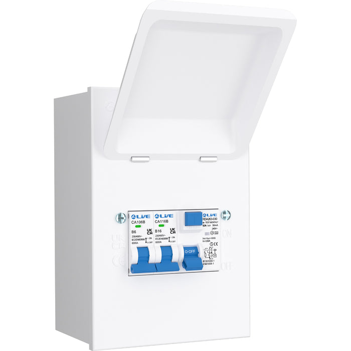LIVE Electrical MMGU63616 4 Way IP40 Metal Mini Garage Unit with 63A 30mA Type A RCD, B6A/B16A MCB