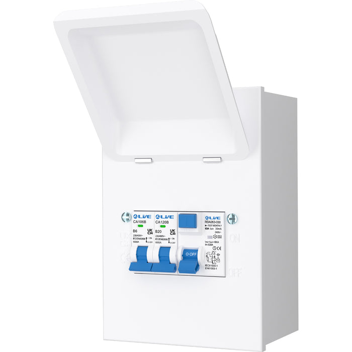 LIVE Electrical MMGU63620 4 Way IP40 Metal Mini Garage Unit with 63A 30mA Type A RCD, B6A/B20A MCB