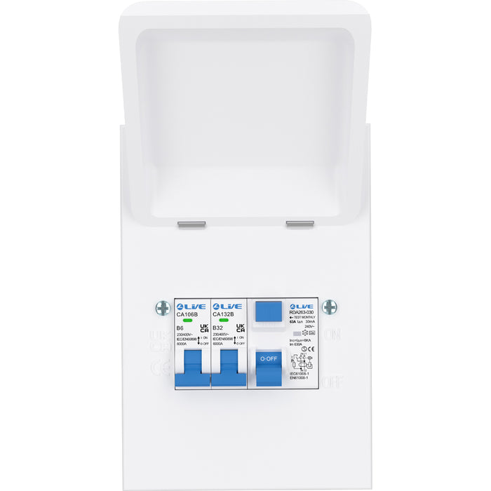 LIVE Electrical MMGU63632 4 Way IP40 Metal Mini Garage Unit with 63A 30mA Type A RCD, B6A/B32A MCB