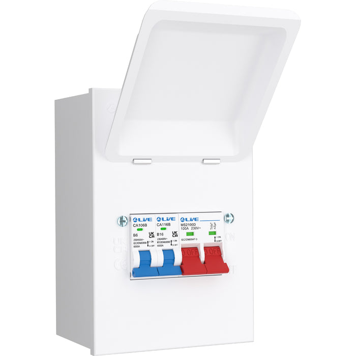 LIVE Electrical MMGUMS616 4 Way IP40 Metal Mini Garage Unit with 100A Main Switch, B6A/B16A MCB