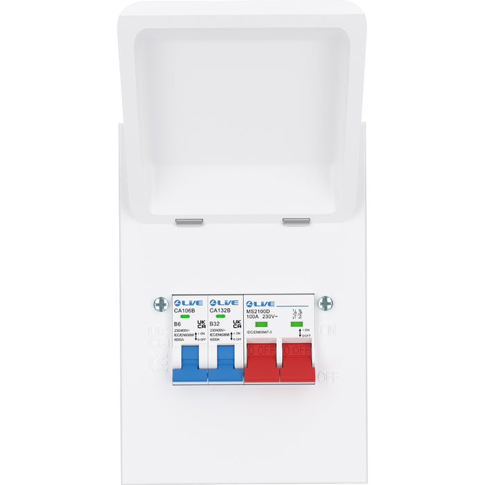 LIVE Electrical MMGUMS632 4 Way IP40 Metal Mini Garage Unit with 100A Main Switch, B6A/B32A MCB