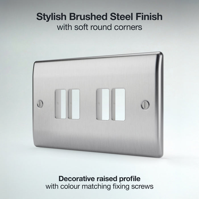 BG GridLite MNBS4 Nexus Metal 4G Grid Front Plate - Brushed Steel