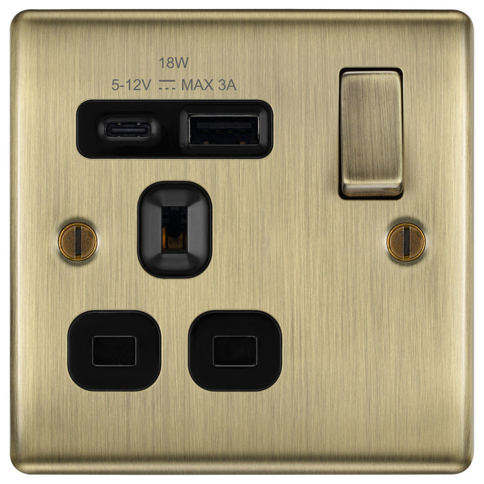 BG NAB21UAC18B Nexus Metal 13A Single Switched Power Socket + USB A+C (18W) - Antique Brass + Black Insert