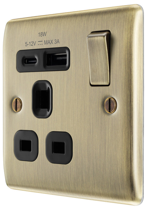 BG NAB21UAC18B Nexus Metal 13A Single Switched Power Socket + USB A+C (18W) - Antique Brass + Black Insert