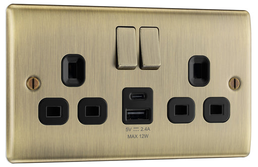 BG NAB22UAC12B Nexus Metal 13A Double Switched Power Socket + USB A+C (12W) - Antique Brass + Black Insert - westbasedirect.com