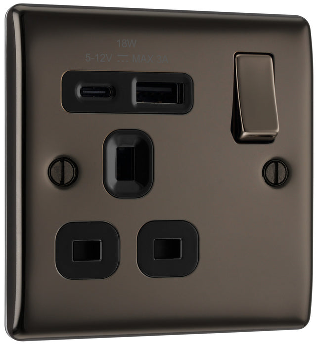 BG NBN21UAC18B Nexus Metal 13A Single Switched Power Socket + USB A+C (18W) - Black Nickel + Black Insert