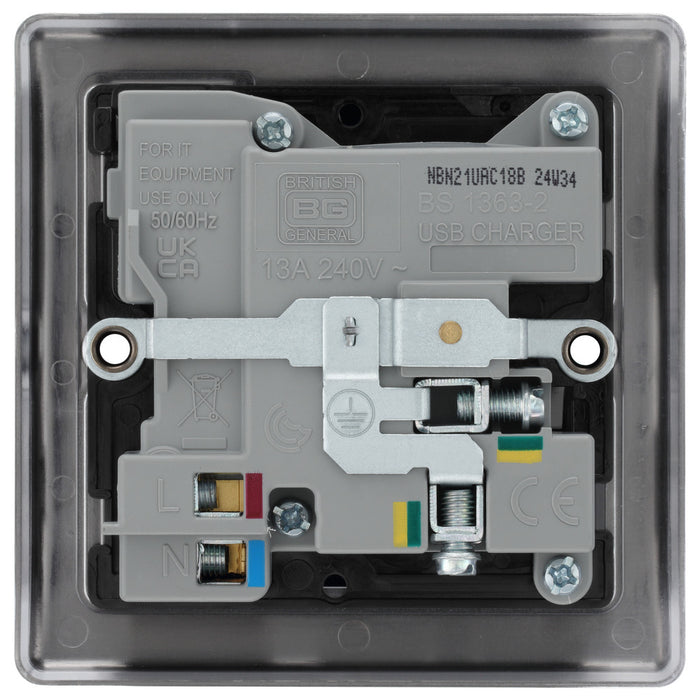 BG NBN21UAC18B Nexus Metal 13A Single Switched Power Socket + USB A+C (18W) - Black Nickel + Black Insert