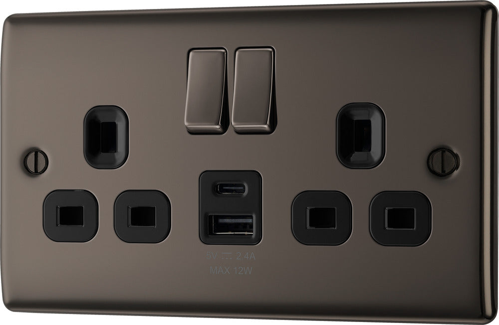 BG NBN22UAC12B Nexus Metal 13A Double Switched Power Socket + USB A+C (12W) - Black Nickel + Black Insert - westbasedirect.com