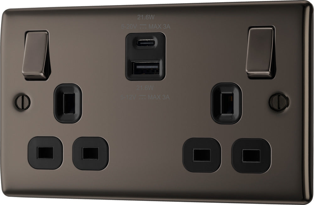 BG NBN22UAC22B Nexus Metal 13A Double Switched Power Socket + USB A+C (22W) - Black Nickel + Black Insert - westbasedirect.com