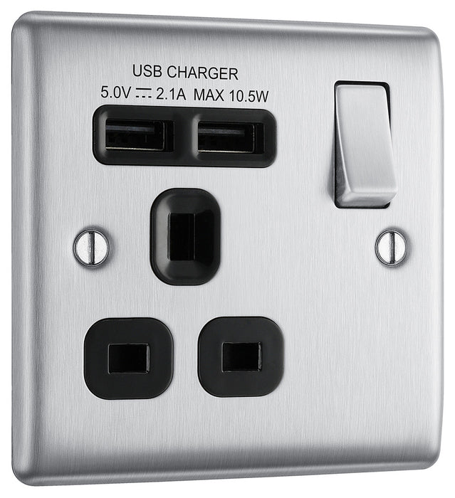 BG NBS21U2B Nexus Metal Single Socket + 2x USB /Black Insert - Brushed Steel - westbasedirect.com