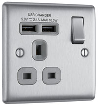 BG NBS21U2G Nexus Metal Single Socket + 2x USB - Grey Insert - Brushed Steel