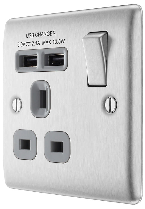 BG NBS21U2G Nexus Metal Single Socket + 2x USB - Grey Insert - Brushed Steel - westbasedirect.com
