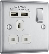 BG NBS21U2W Nexus Metal Single Socket + 2x USB - White Insert - Brushed Steel