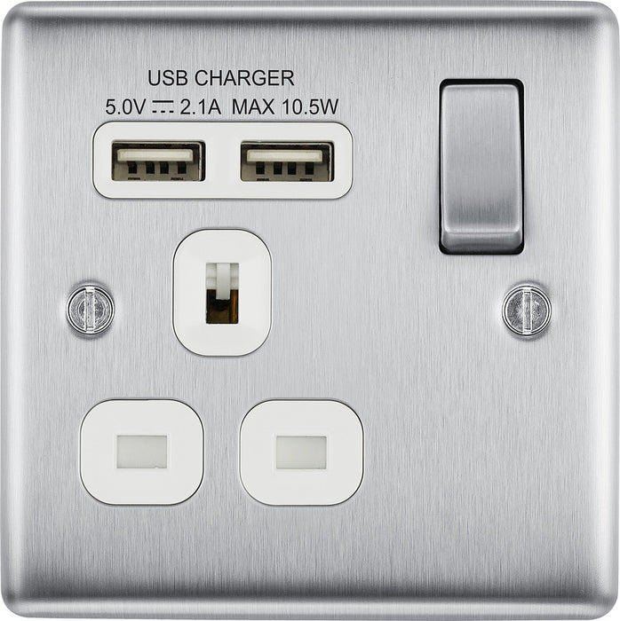 BG NBS21U2W Nexus Metal Single Socket + 2x USB - White Insert - Brushed Steel - westbasedirect.com