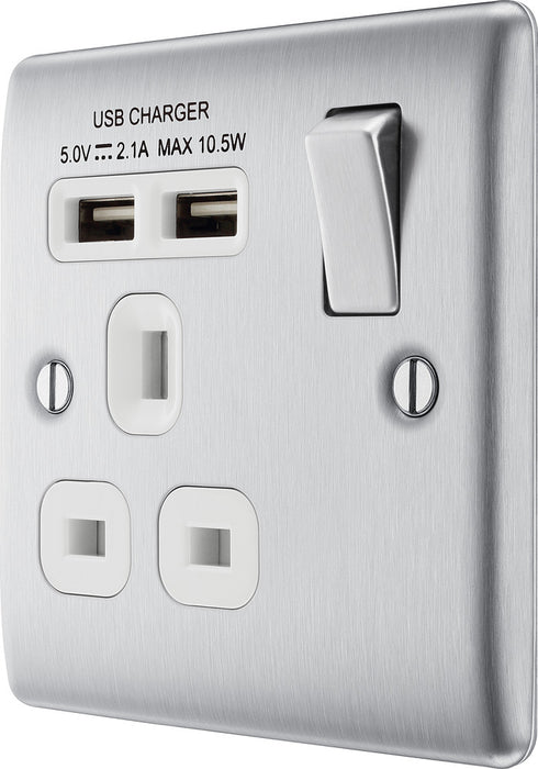 BG NBS21U2W Nexus Metal Single Socket + 2x USB - White Insert - Brushed Steel - westbasedirect.com