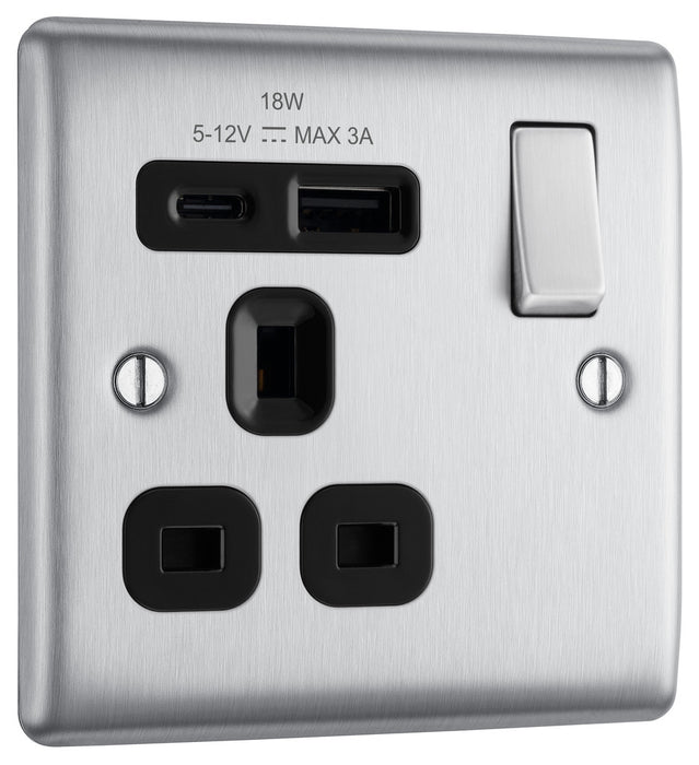 BG NBS21UAC18B Nexus Metal 13A Single Switched Power Socket + USB A+C (18W) - Brushed Steel + Black Insert