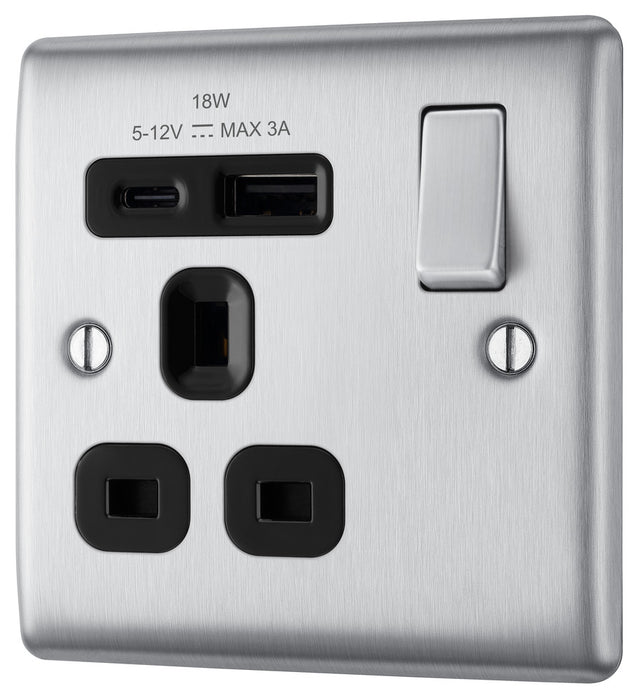 BG NBS21UAC18B Nexus Metal 13A Single Switched Power Socket + USB A+C (18W) - Brushed Steel + Black Insert