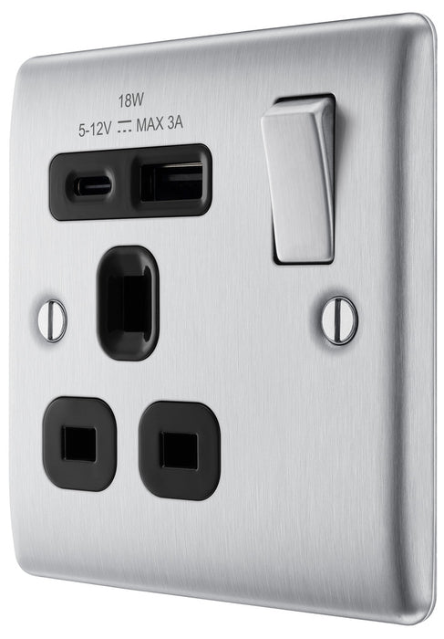 BG NBS21UAC18B Nexus Metal 13A Single Switched Power Socket + USB A+C (18W) - Brushed Steel + Black Insert